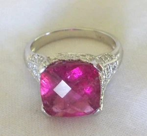 Anillo de diamantes de turmalina rosa brillante de oro blanco de 14K - 5,20 gms, talla 6,75, 3,26 ctw - Imagen 1 de 11