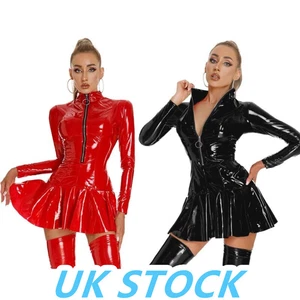 AU Womens Wet Look Patent Leather Mini Dress Zipper Long Sleeve Dress Clubwear - Picture 1 of 27