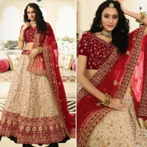 Sabyasachi Inspired Heavy Bridal Lehenga (Unstitched, Ivory & Burgundy) - Picture 1 of 12