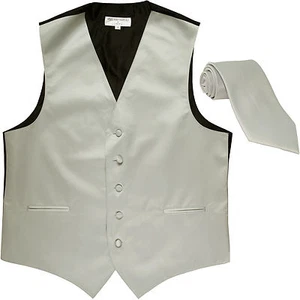 New Men's Formal Tuxedo Vest Waistcoat_Necktie solid silver wedding prom party - Picture 1 of 4