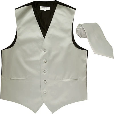 New Men's Formal Tuxedo Vest Waistcoat_Necktie solid silver wedding prom party - Image 1 of 4