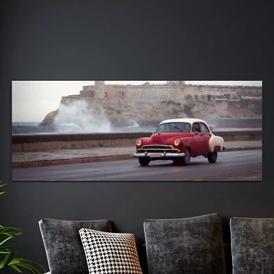 Wandbilder Glasbild für Wohnzimmer 125x50 Klassischer Oldtimer Havanna Kuba - Bild 1 von 4
