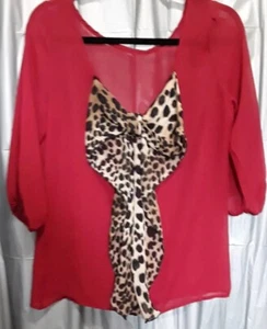 Women's Sheer Blouse Size M Burgundy Top Cheetah Print Bow Mobwife Office Siren - Picture 1 of 7