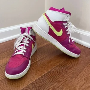 Nike Air Jordan 1 Mid SE High Top Basketball Shoes Pink Yellow White Size 6Y - Picture 1 of 7