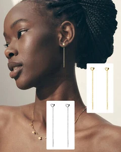 Non-allergic Lightweight Long Heart Chain Threader Earrings 925 Sterling SIlver - Picture 1 of 36