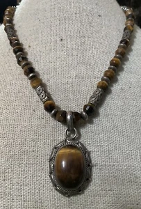 925 Faceted TigerEye  Bali Design Beaded Necklace 16"  Tiger Eye Drop Hook - Picture 1 of 7