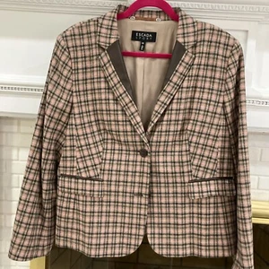 Escada Sz 46 Pink Olive Black Plaid Jacket Leather Trim Patch Elbow USA 14 EUC - Picture 1 of 16