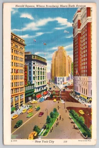 Postal Herald Square NY Gimbels Saks Hotel McAlpin Broadway y 6th Linen 1953 - Imagen 1 de 2