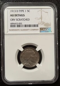 1913 D Type 1 Buffalo Nickel 5C NGC AU Details Obv Scratched (#938) - Picture 1 of 8