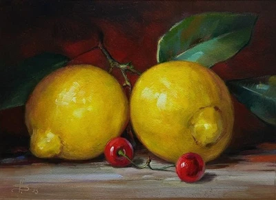 PINTURA AL ÓLEO ORIGINAL. Bodegón con cerezas y limones. artista V. Shurganov Foto 1 de 2