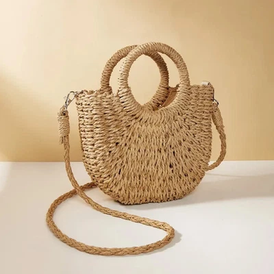 Woven Half Moon Rattan Straw Beach Bag Women Shoulder Crossbody Tote Summer - Image 1 of 4