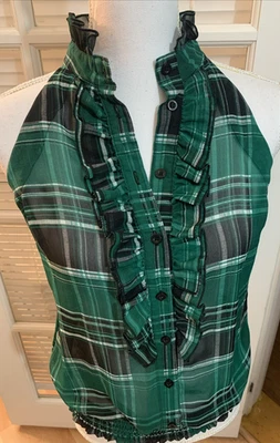 21 Top Halter Cuello Alto Talla S Verde Negro Cuadros Volantes Cuello y Babero Botón/Jersey Foto 1 de 4