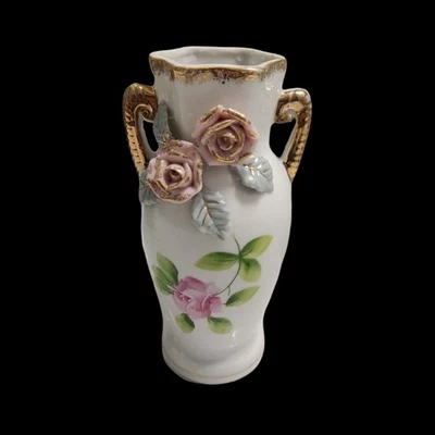 Jarrón vintage de mediados de siglo 3D rosas oro rosa florero de cerámica años 50 delicado Foto 1 de 4