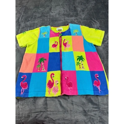 The Quacker Factory Flamingo  Colorful Knit Zip Up Cardigan Large granny, core - Image 1 of 4