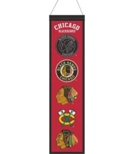 CHICAGO BLACKHAWKS EVOLUTIONS BANNER EMBROIDERED WOOL 8"X32" W/ HANGING ROPE - Picture 1 of 1