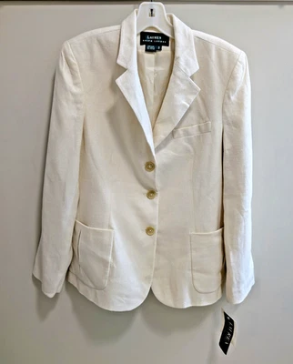 全新 Lauren Ralph Lauren 女式亚麻/丝绸西装外套奶油色 US 8 码全新带标签 — 第 1/4 张图片