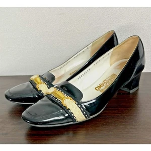 SALVATORE FERRAGAMO Womens VIintage Black Patent Leather Block Heel Shoes Sz 9 B - Bild 1 von 13