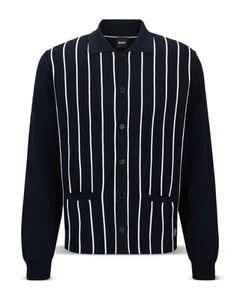 Boss Mens Tripoli Striped Cardigan Sweater Large Dark Blue - NWT $248 - Picture 1 of 7