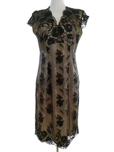 Size 10 (38) Black Midi Ball Gown Evening Dress Short Sleeve Lace Embroidery - Picture 1 of 5
