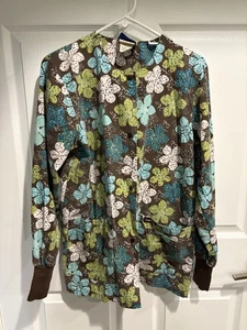 Landau Green Floral Flower Scrubs Shirt Jacket Size Small Nurse Vet Tech Xray - Picture 1 of 1