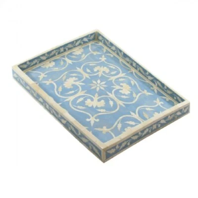 Bone Inlay Tray, Serving Tray Handmade Kitchen Tray flower Pattern sky-blue.. - Image 1 of 4