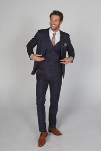 Men’s Check Plaid Navy Blue Suit, Tailored Fit 3 Piece Set Sold Separately - Picture 1 of 10