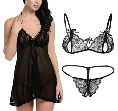 Sexy Luna de Miel Mujeres Lencería Babydoll Bata Conjunto Encaje Quimise Ropa Interior Bralette Foto 1 de 4