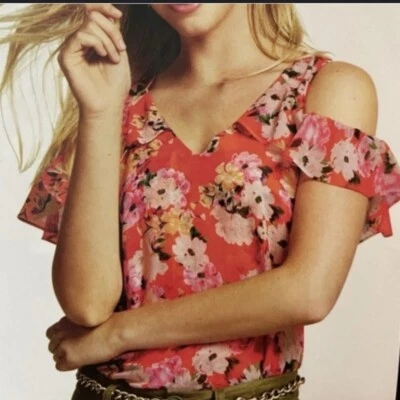 CAbi Lush Orange Floral Cold Shoulder V-Neck Sleeveless Blouse 5352 sz S - Image 1 of 4