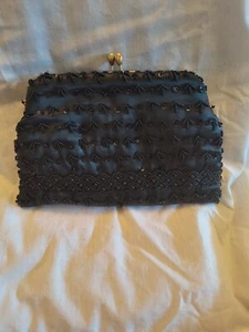 Clutch Handtasche, schwarz Satin Perlen - Bild 1 von 6