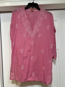 roberta roller rabbit Woman Top Pink Tunic Embroidered Summer Cotton Vneck Sz S - Picture 1 of 9
