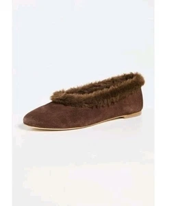BNIB Staud Alba Faux Fur-Trimmed Ballet Flats Shoes Sz 39 9 Mahogany Brown $395 - Picture 1 of 5