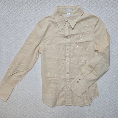 H&M Women’s Size 8 Shirt  Long Sleeve Floral Stitch Sequins Button Down Cotton - Image 1 of 4