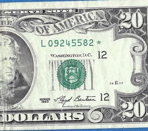 1993 $20 Federal Reserve Star Note Twenty Dollar Bill L09245582* Circulated - Picture 1 of 5