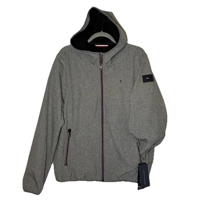 New Tommy Hilfiger Jacket Mens M Gray Hooded Softshell Fleece Lined Zip Pockets - Image 1 of 4