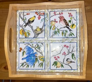 Bandeja de madera para servir con asas, 4 azulejos de cerámica para pájaros decoración 12X12" - Imagen 1 de 8