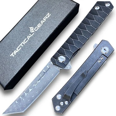 Solid Tc4 Titanium EDC Folding Knife! Damascus Steel Blade! Ball Bearing Pivot - Image 1 of 4