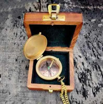Brújula de Bolsillo Náutica Antigua Vintage Marina Marítima con Madera/Artículo de Caja Foto 1 de 4