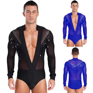 Men Bodysuit Performance Leotard Tango Rompers Mesh Shirt Stage 1 Piece Latin - Picture 1 of 34