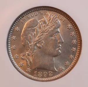 1892 Barber Silver Quarter - NGC MS62! Uncirculated, Lustrous Golden Beauty! PQ+ - Picture 1 of 12