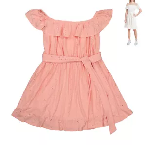 BCBGeneration Damen Schulterfreies Pointelle Kleid mit Gürtel L Neu mit Etikett Apricot Blush - Bild 1 von 1