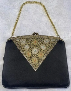VTG Feiner Handbags Black Purse Gold Embroidered Trim Chain Link Strap - Picture 1 of 6
