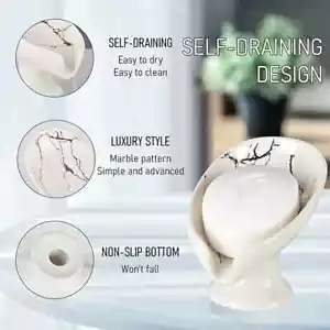 Soap Dish, Soap Holder Self Draining Leaf Shape Soap Dishes, Marble White - Picture 1 of 8