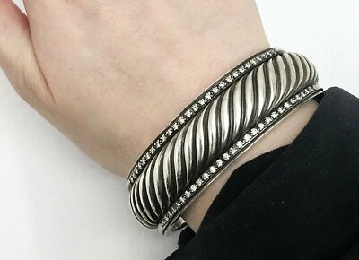 David Yurman 925 纯银钻石 1.0 CTTW 雕刻电缆袖口手链 — 第 1/4 张图片