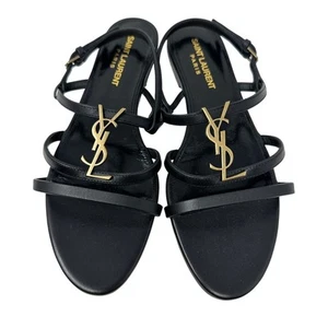 Saint Laurent Cassandra Calfskin YSL Slingback Sandals Womens Sz 37 US 7 Black - Picture 1 of 10
