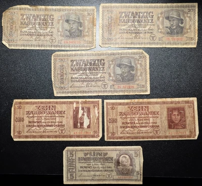 6pcs 1942 Ukraine 5 10 20 Karbowanez German Occupation Notes Collection MM1 - Image 1 of 4