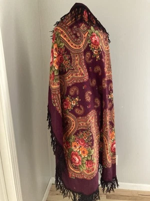 Pavlovo Posad 50" Lana Chal Bufanda Floral Flecos Envoltura Rusa Foto 1 de 4