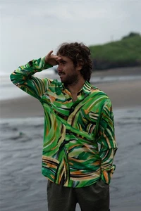 Loud Originals Herren Regular Fit Kurzarm Hemd Abstrakt Grün Print - Bild 1 von 9