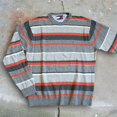Vintage 90s Tommy Hilfiger Striped Wool Blend Sweater Men’s Size L Gray Orange - Image 1 of 4