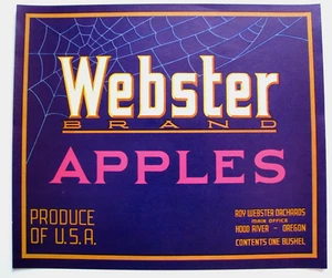 Etiqueta original de caja de manzana WEBSTER Roy Webster Hood River Oregon tela de araña - Imagen 1 de 1