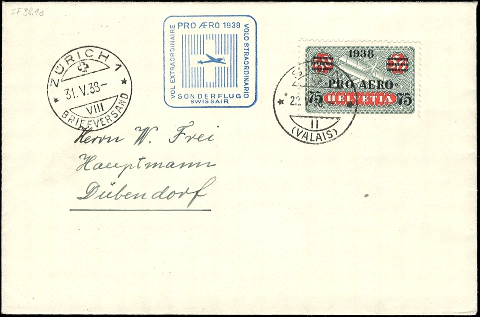 SWITZERLAND COVER - 1938 - Sonderflug Pro Aero flight from Zurich to Dubendorf - Image 1 of 1
